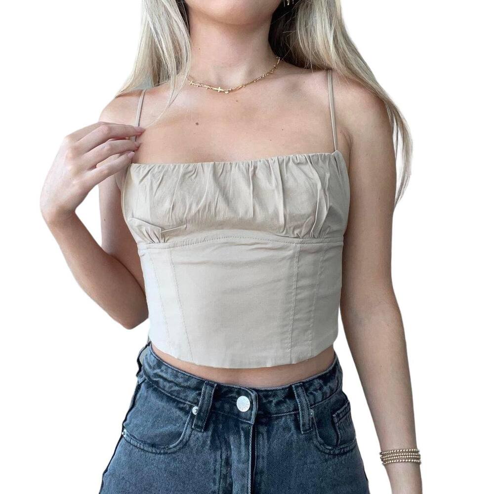 ZARA‎ Cropped Tank Top Ruched Corset Style Square Neck Khaki Brown Size XS